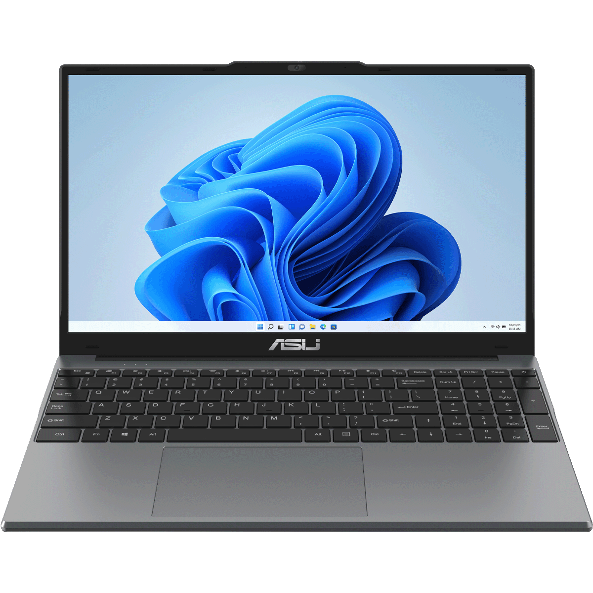 Front view of the open grey ASIJ TK-156 laptop