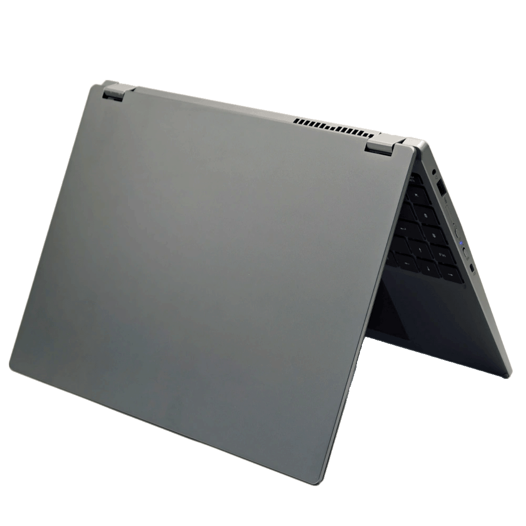 Rear view of the silver X360 Yoga in tent mode